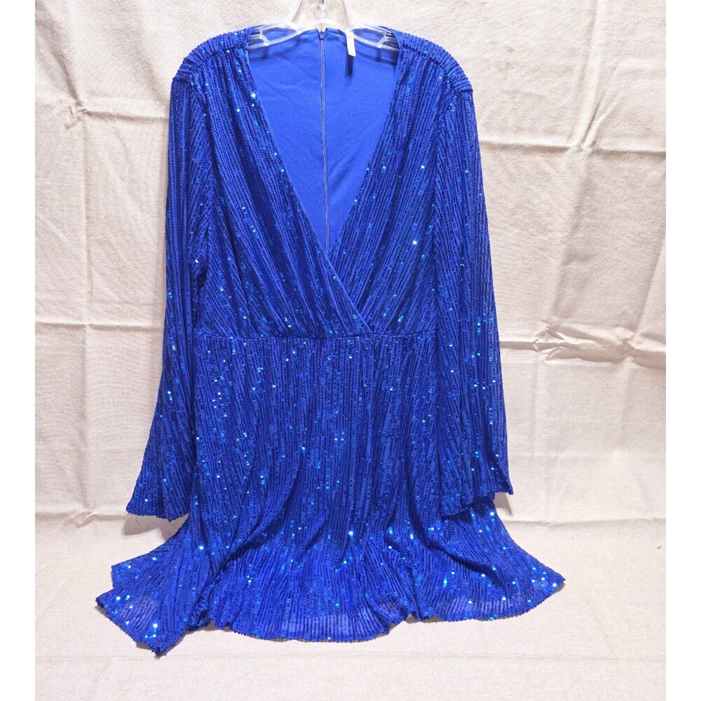 D&M Royal Blue Sequin Faux Wrap Mini Dress Plus Size 2XL Long Bell Sleeve